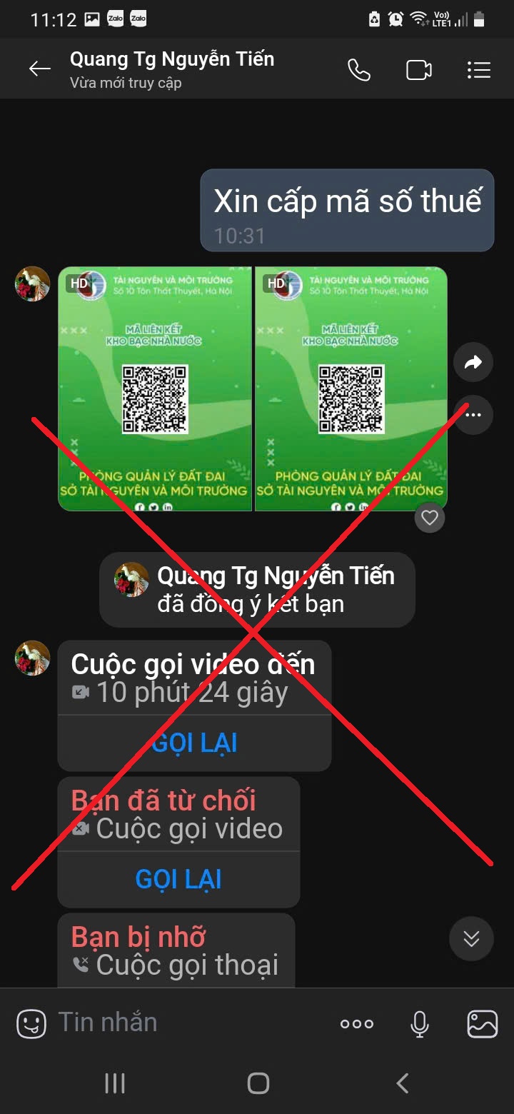 Bằng chứng tin nhắn Zalo lừa đảo gửi Mã QR